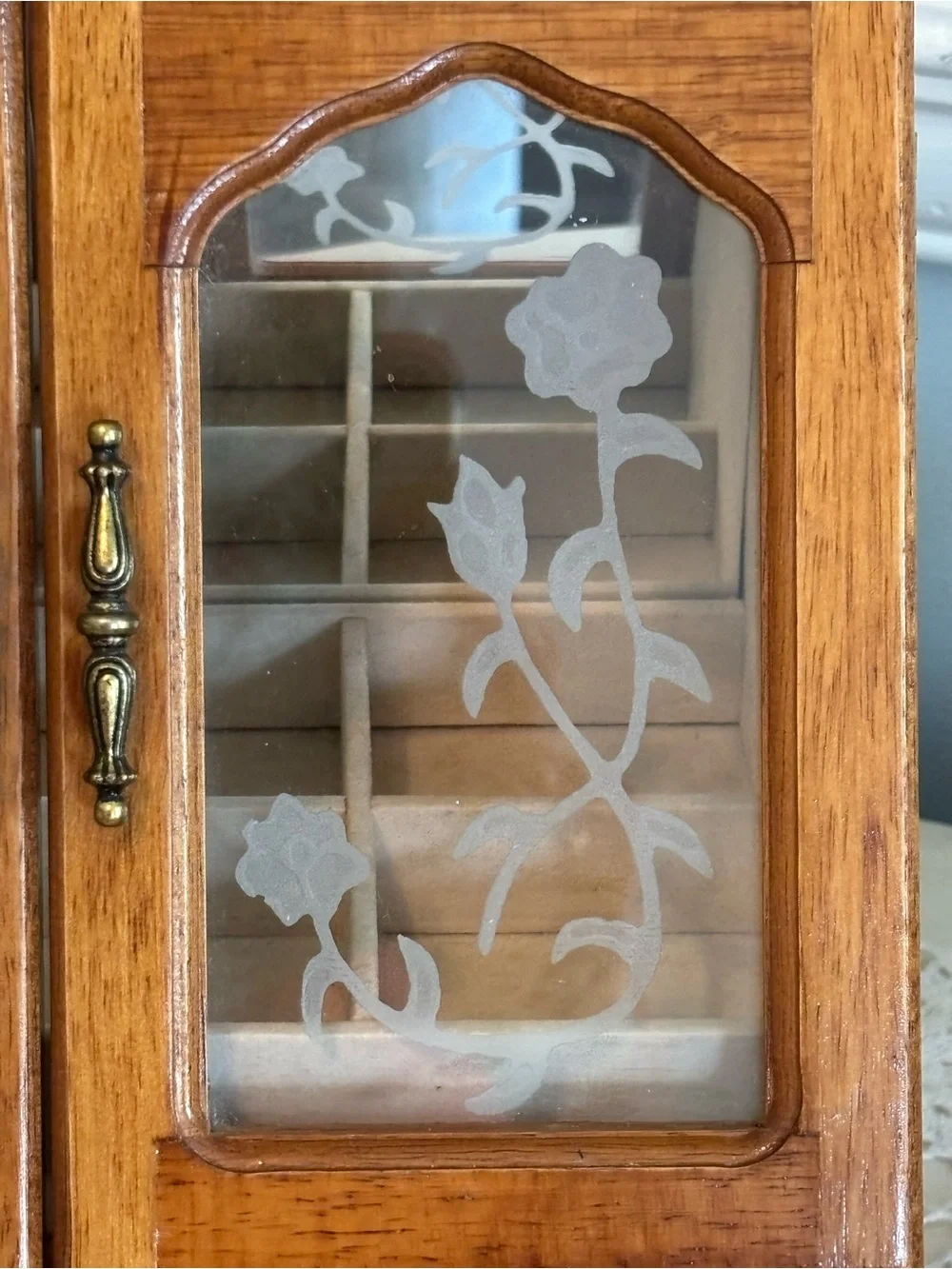 Vintage Wood Etched Glass Doors Jewelry Case Box Chest